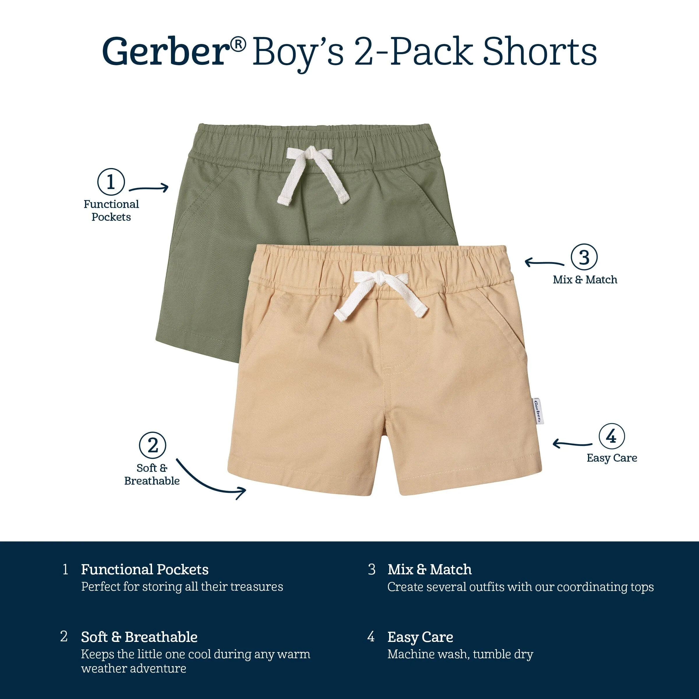 2-Pack Baby & Toddler Boys Olive and Dark Khaki Twill Shorts Gerber Childrenswea