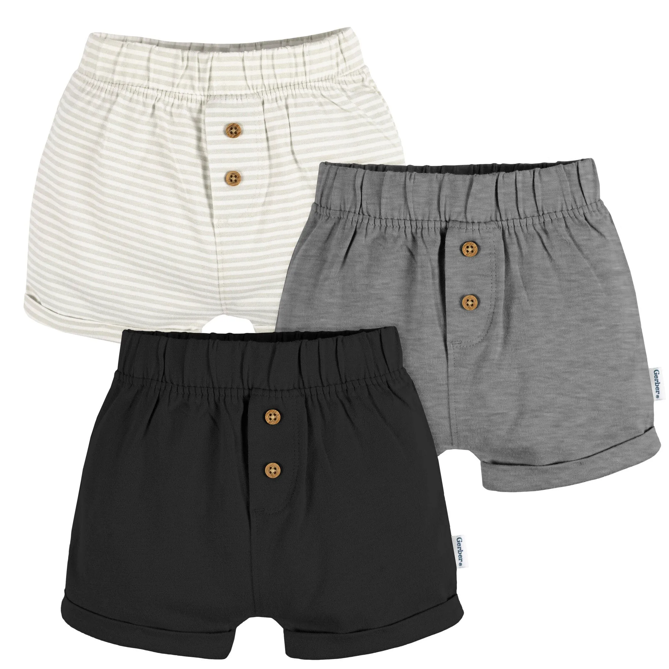 3-Pack Baby Neutral Tan Stripe, Dark Grey Heather, & Black Knit Shorts Gerber Childrenswea