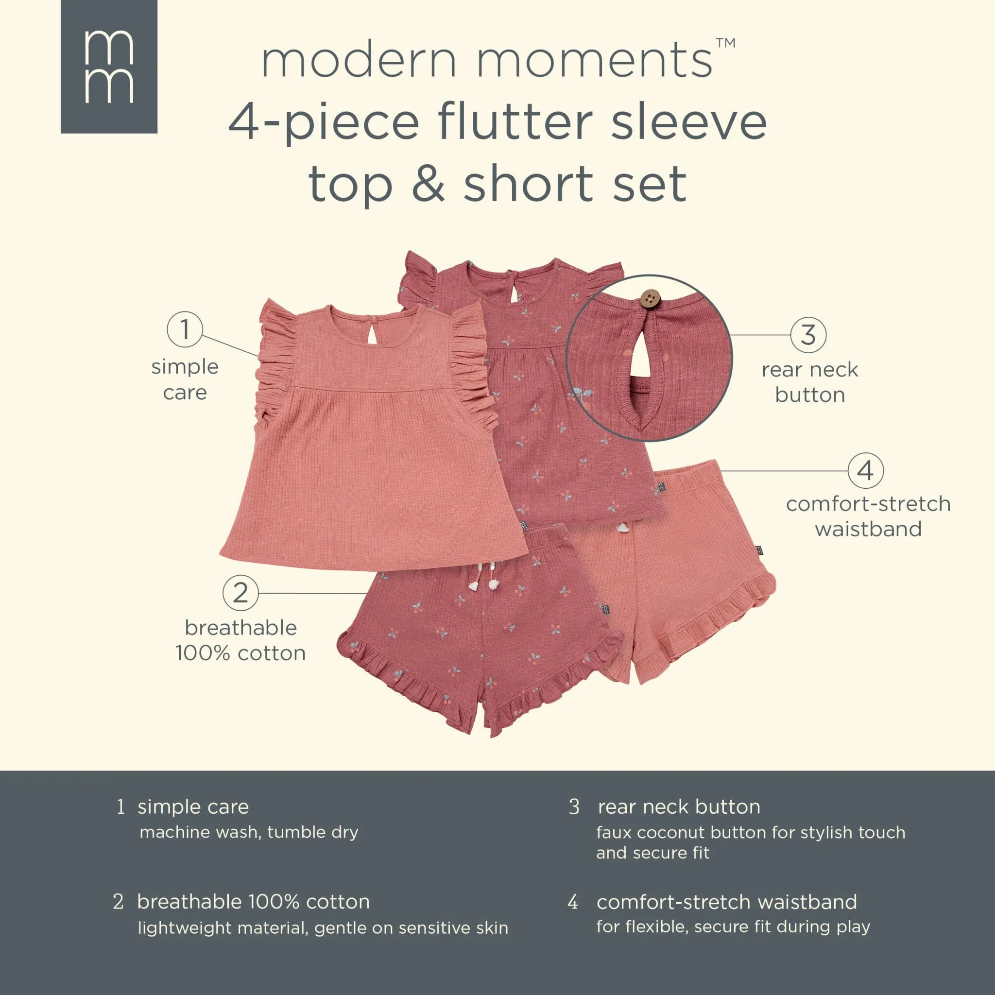 4-Piece Infant & Toddler Girls Rose Cherries Flutter Sleeve Tops and Shorts Set Gerber Childrenswea