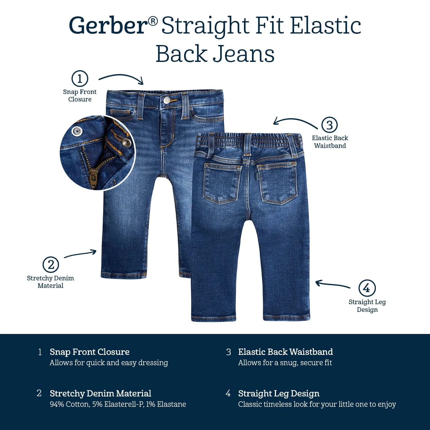 Baby Neutral Blue Straight Fit Denim Jeans With Elastic Back Gerber Childrenswea