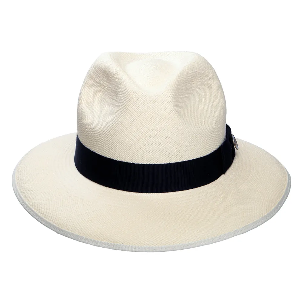 Christys Hats Superfine Downbrim Panama Fedora Hat With Navy Band - Semi-Bleached