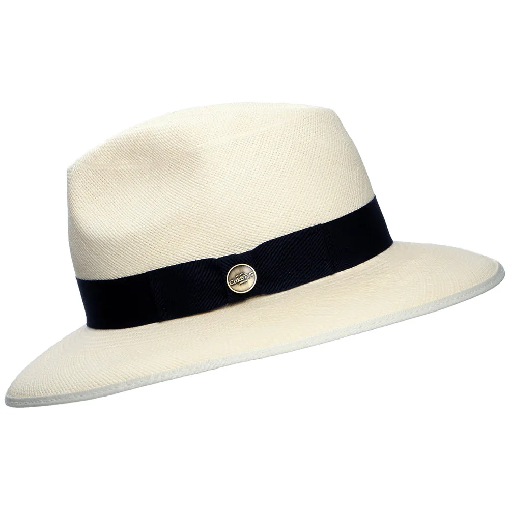 Christys Hats Superfine Downbrim Panama Fedora Hat With Navy Band - Semi-Bleached
