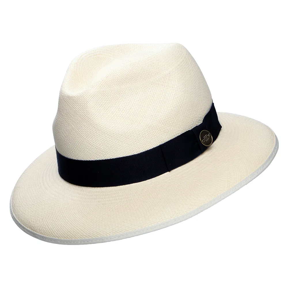 Christys Hats Superfine Downbrim Panama Fedora Hat With Navy Band - Semi-Bleached
