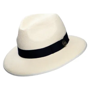 Christys Hats Superfine Downbrim Panama Fedora Hat With Navy Band - Semi-Bleached