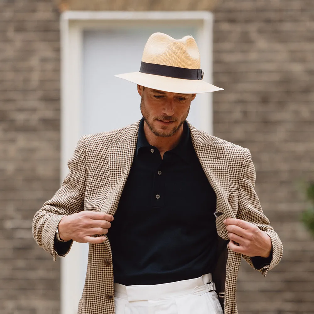 Christys Hats Superfine Downbrim Panama Fedora Hat With Navy Band - Semi-Bleached