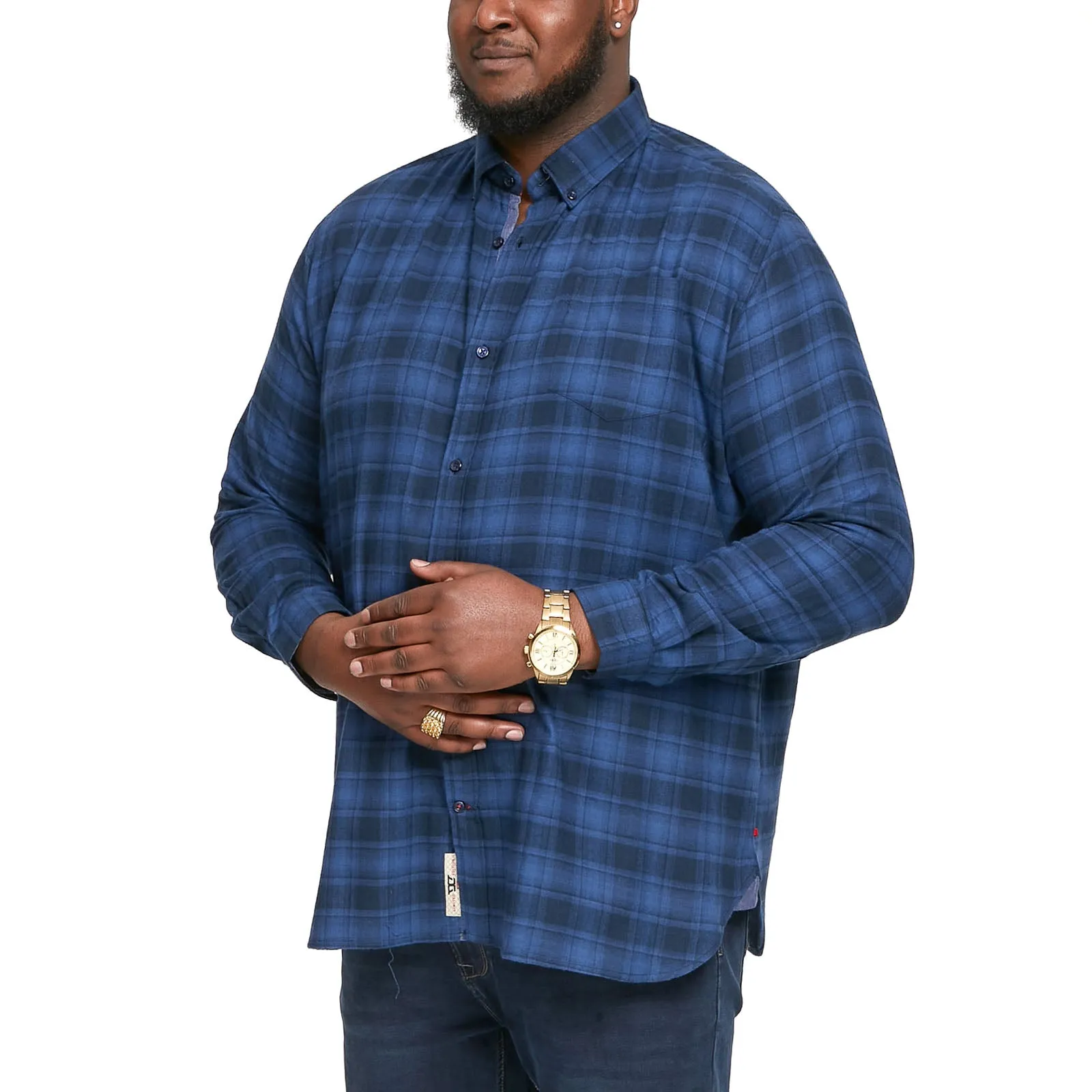 D555 Mens Bruce Big & Tall Long Sleeve Flannel Check Denim Shirt - Blue