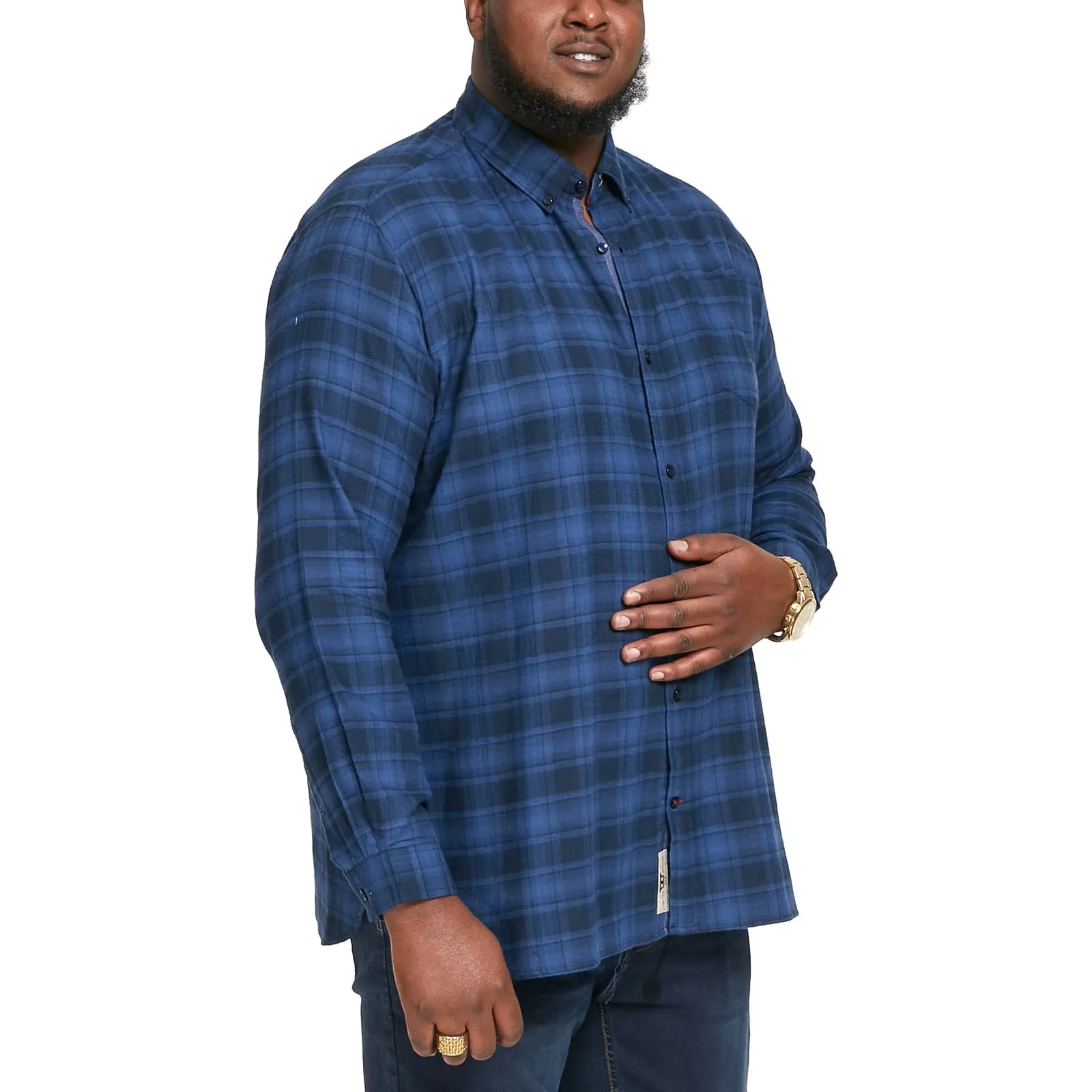 D555 Mens Bruce Big & Tall Long Sleeve Flannel Check Denim Shirt - Blue