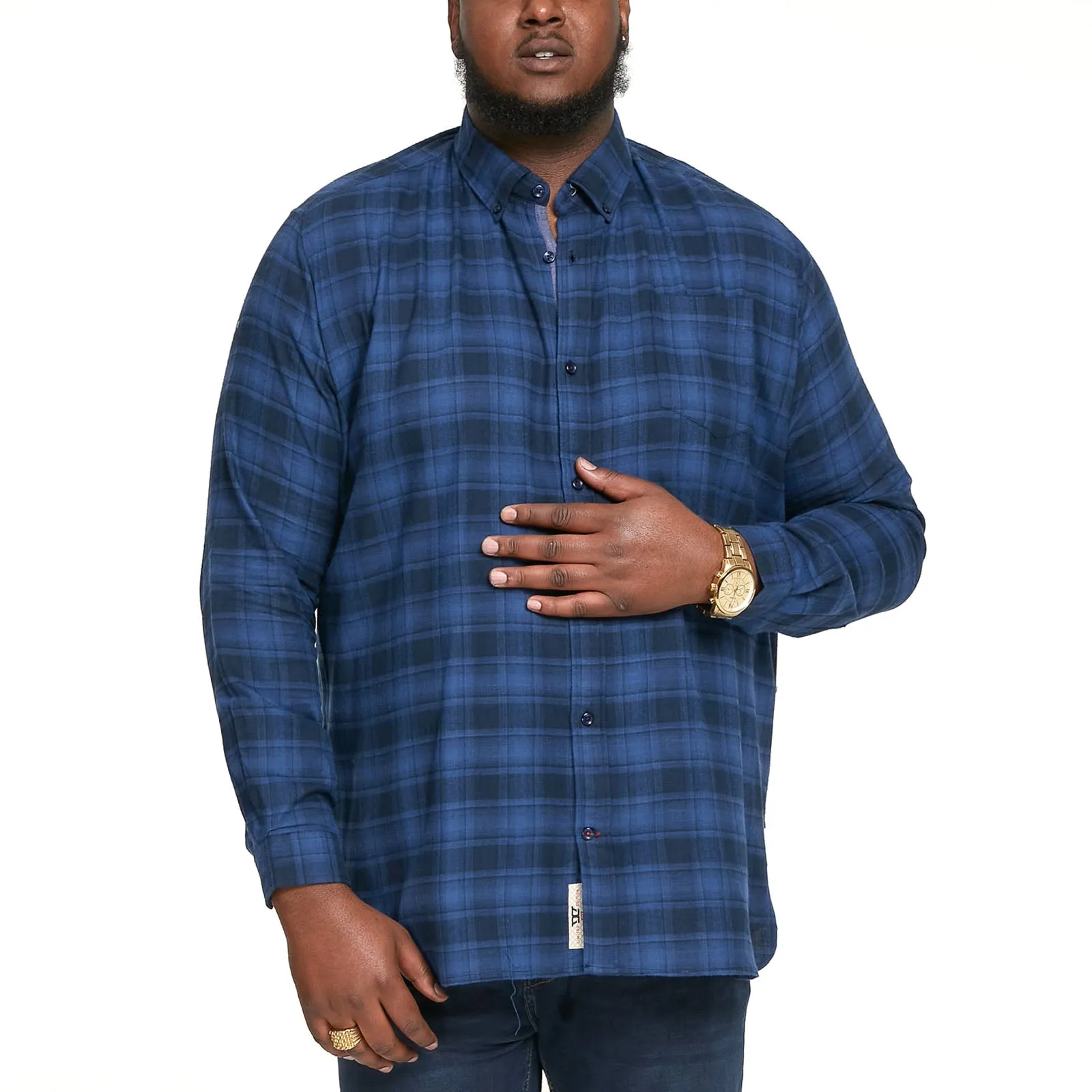 D555 Mens Bruce Big & Tall Long Sleeve Flannel Check Denim Shirt - Blue