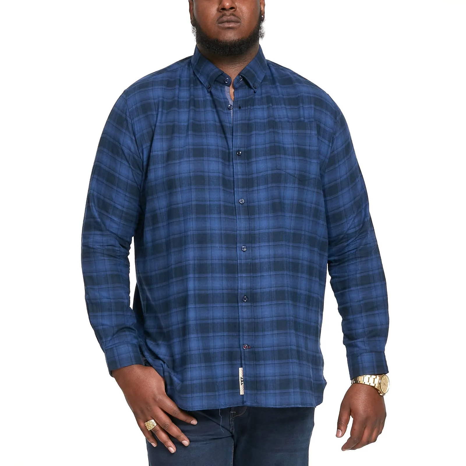 D555 Mens Bruce Big & Tall Long Sleeve Flannel Check Denim Shirt - Blue