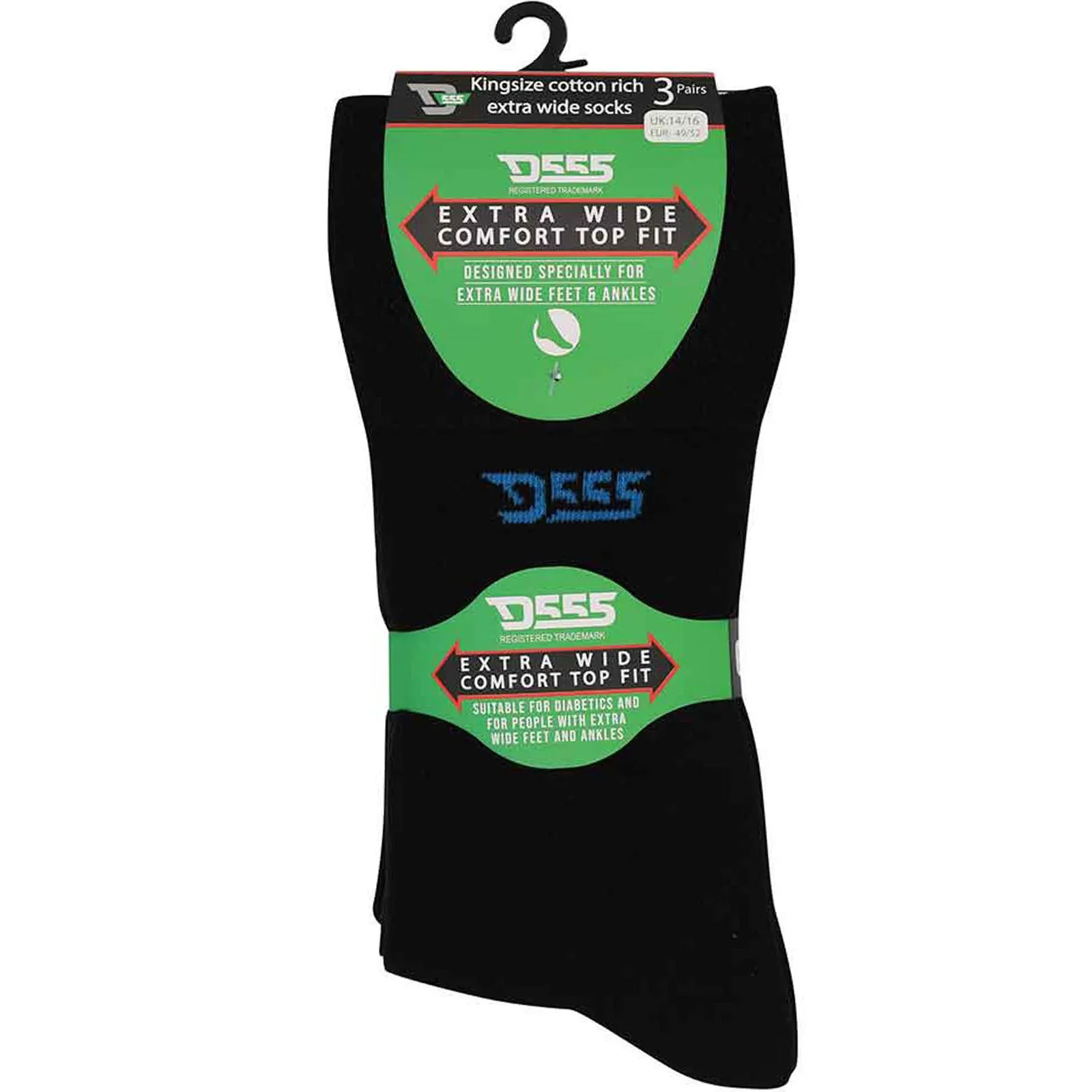 D555 Mens Harold 3 Pack Extra Wide Comfort Fit Crew Length Socks - Black