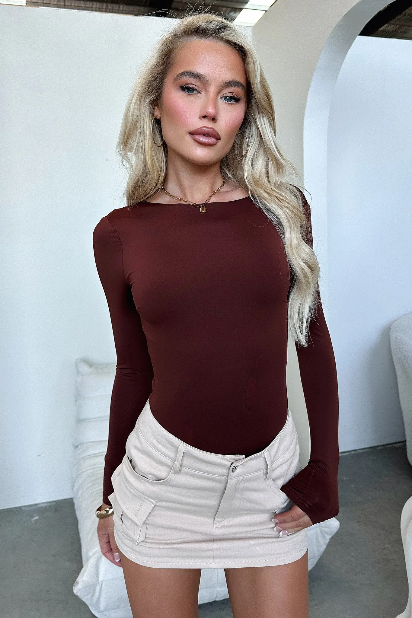 Eve Long Sleeve Backless Bodysuit - Brown
