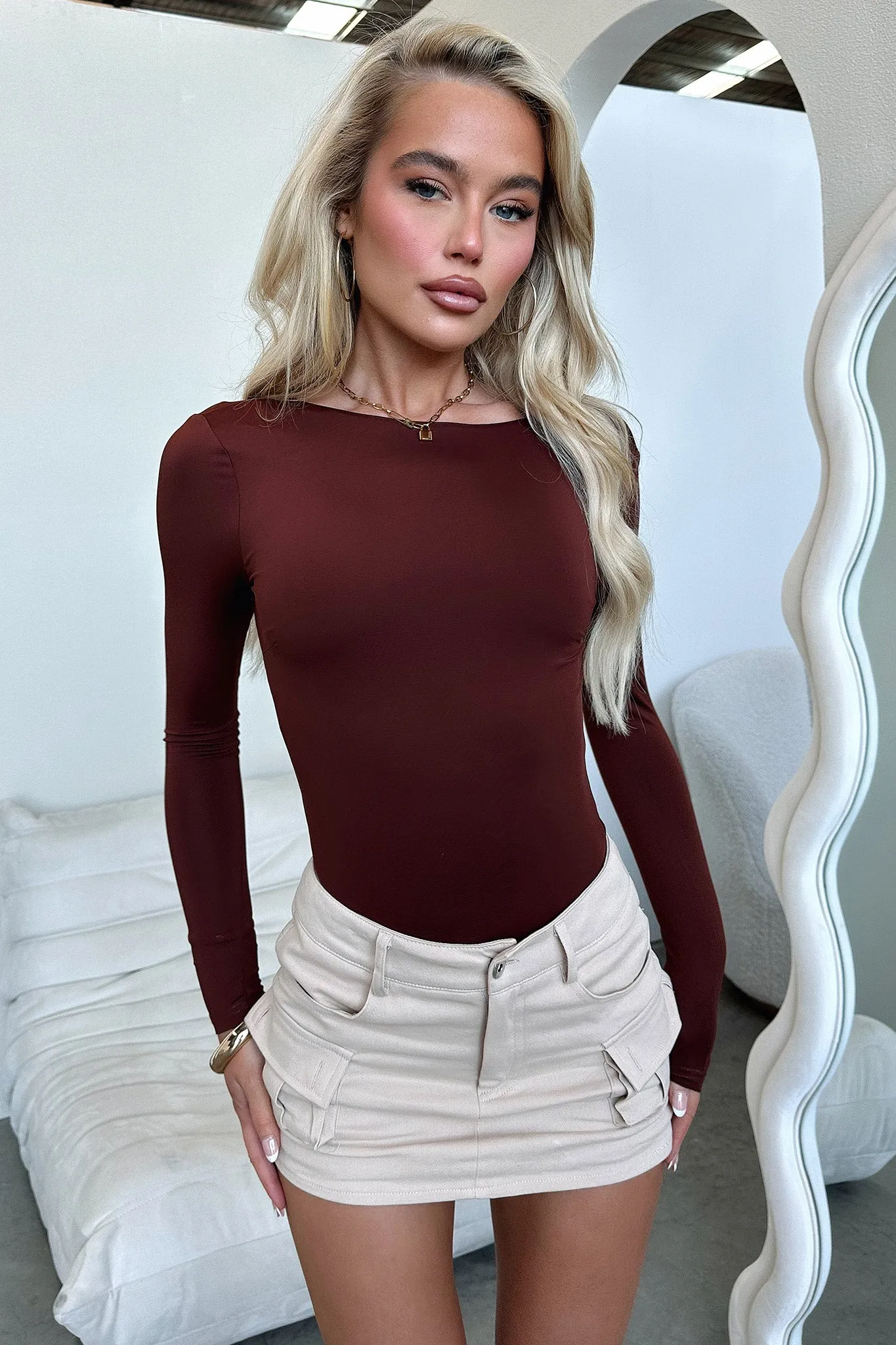 Eve Long Sleeve Backless Bodysuit - Brown