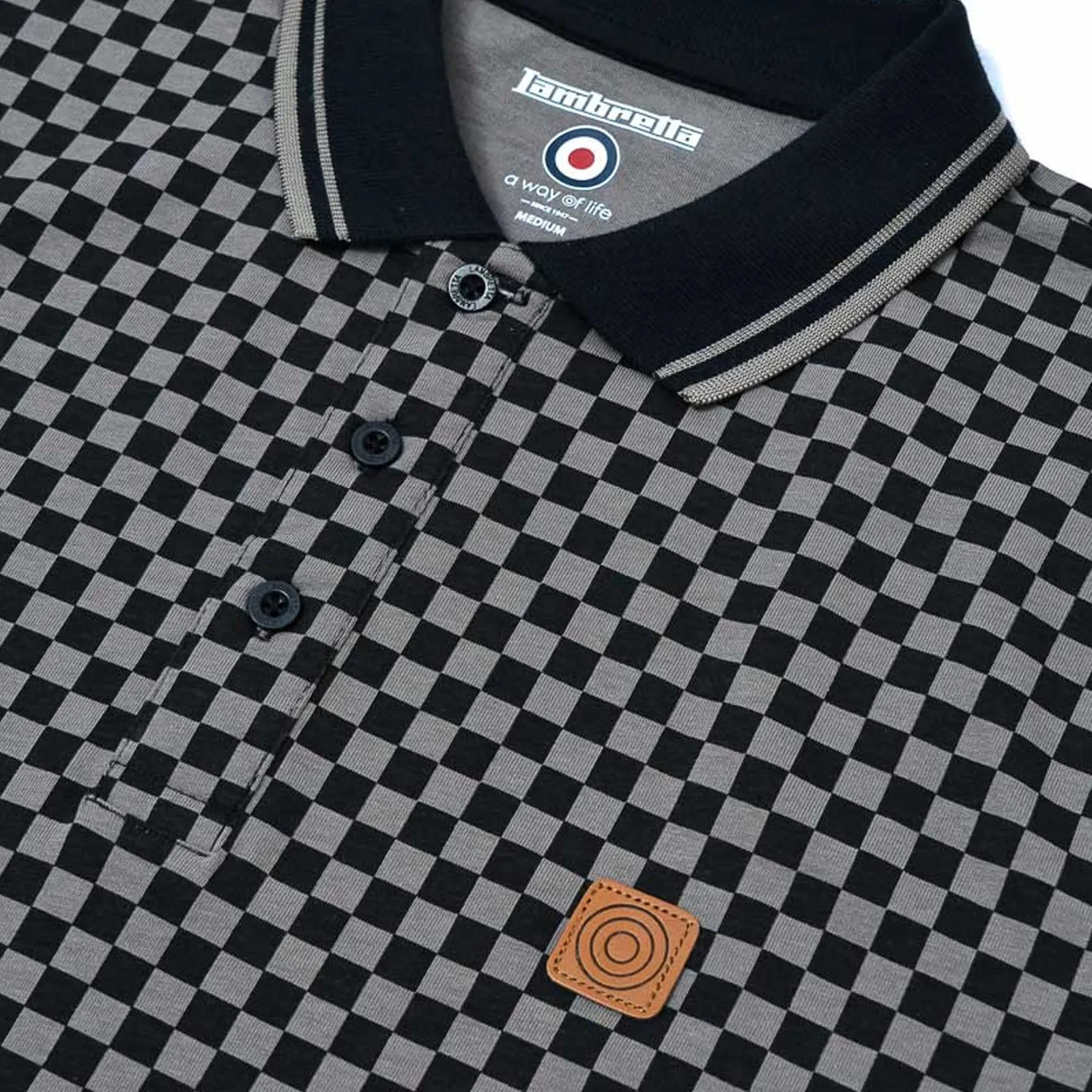 Lambretta Mens AOP Check Print Polo Shirt - Black/Grey