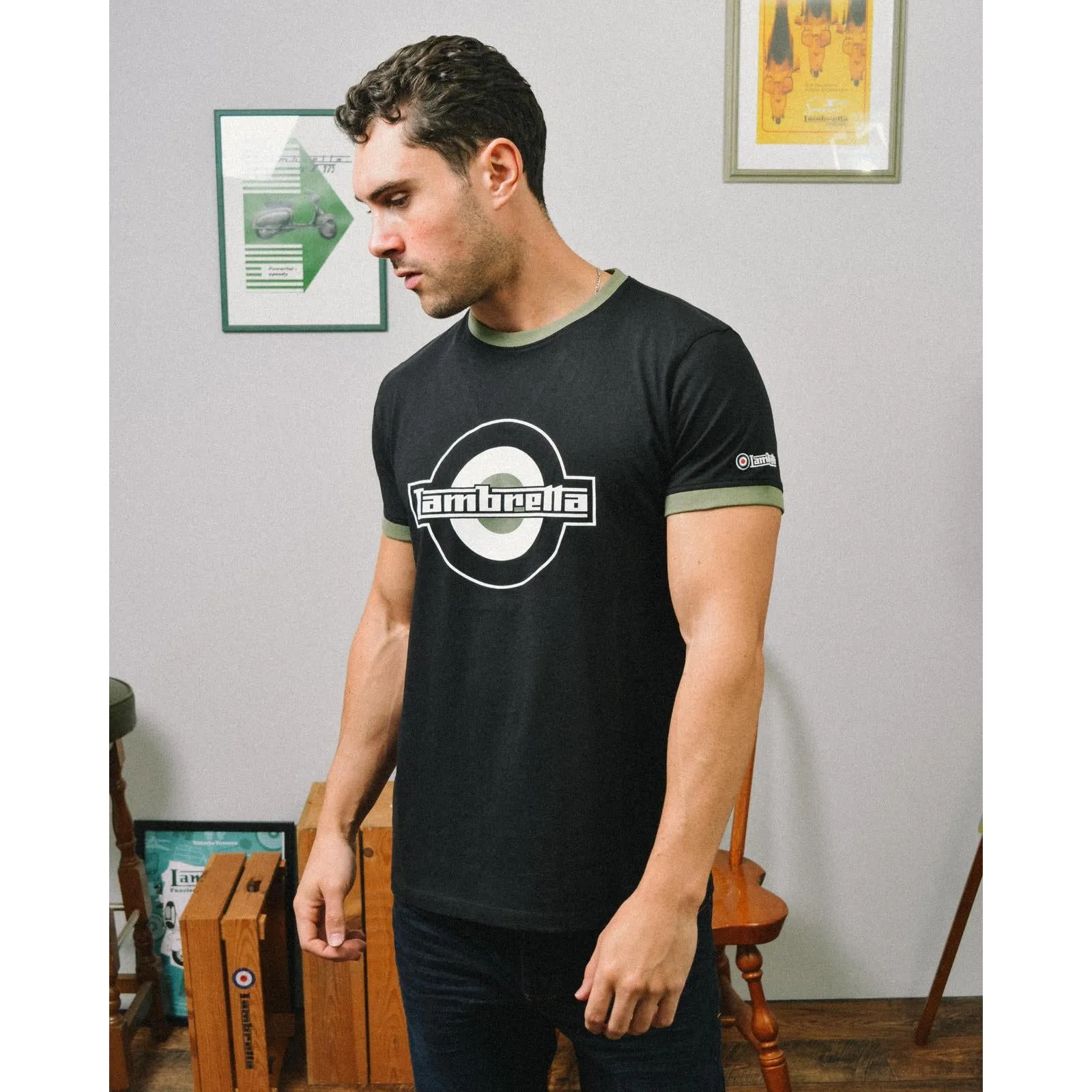 Lambretta Mens Logo Ringer Crew Neck Cotton T-Shirt