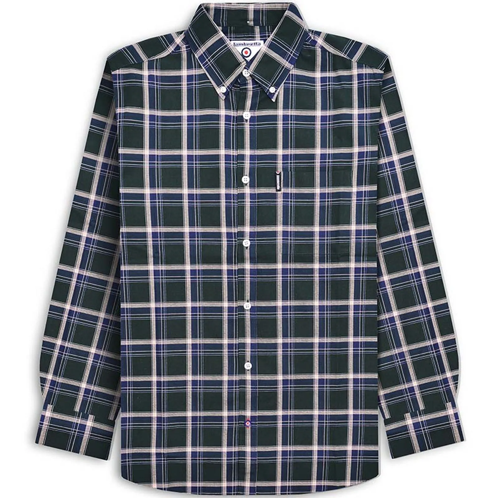 Lambretta Mens Long Sleeve Checked Checkered Smart Shirt - Green/Navy
