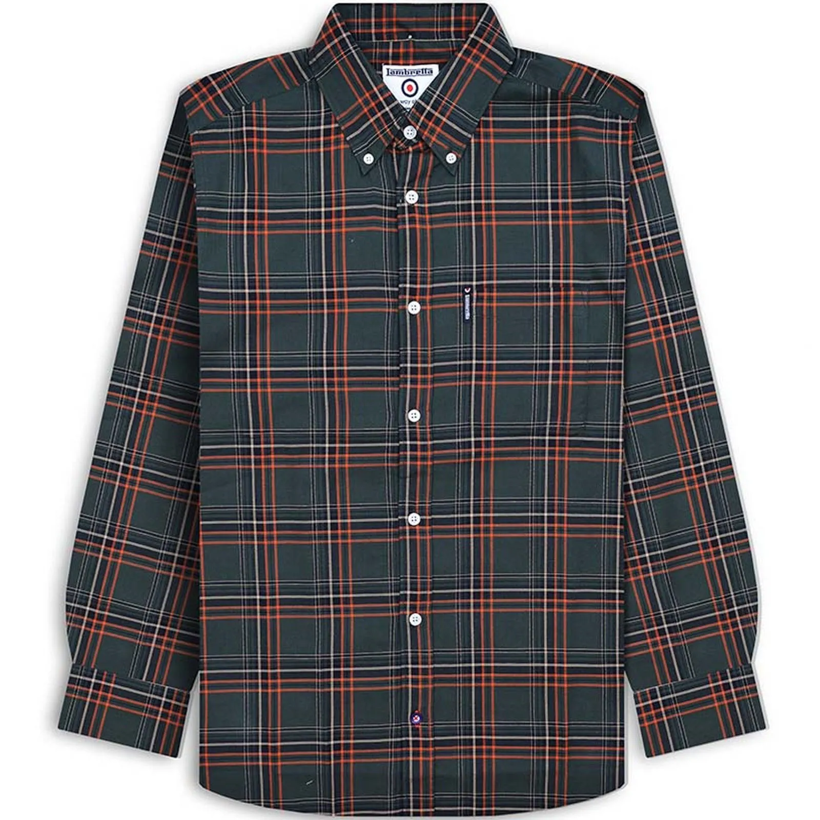 Lambretta Mens Long Sleeve Checked Checkered Smart Shirt - Khaki/Orange