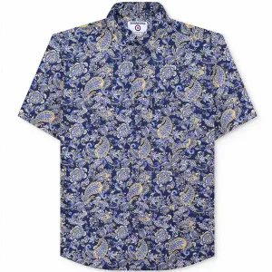 Lambretta Mens Mod Paisley Short Sleeve Button Down Shirt - Navy