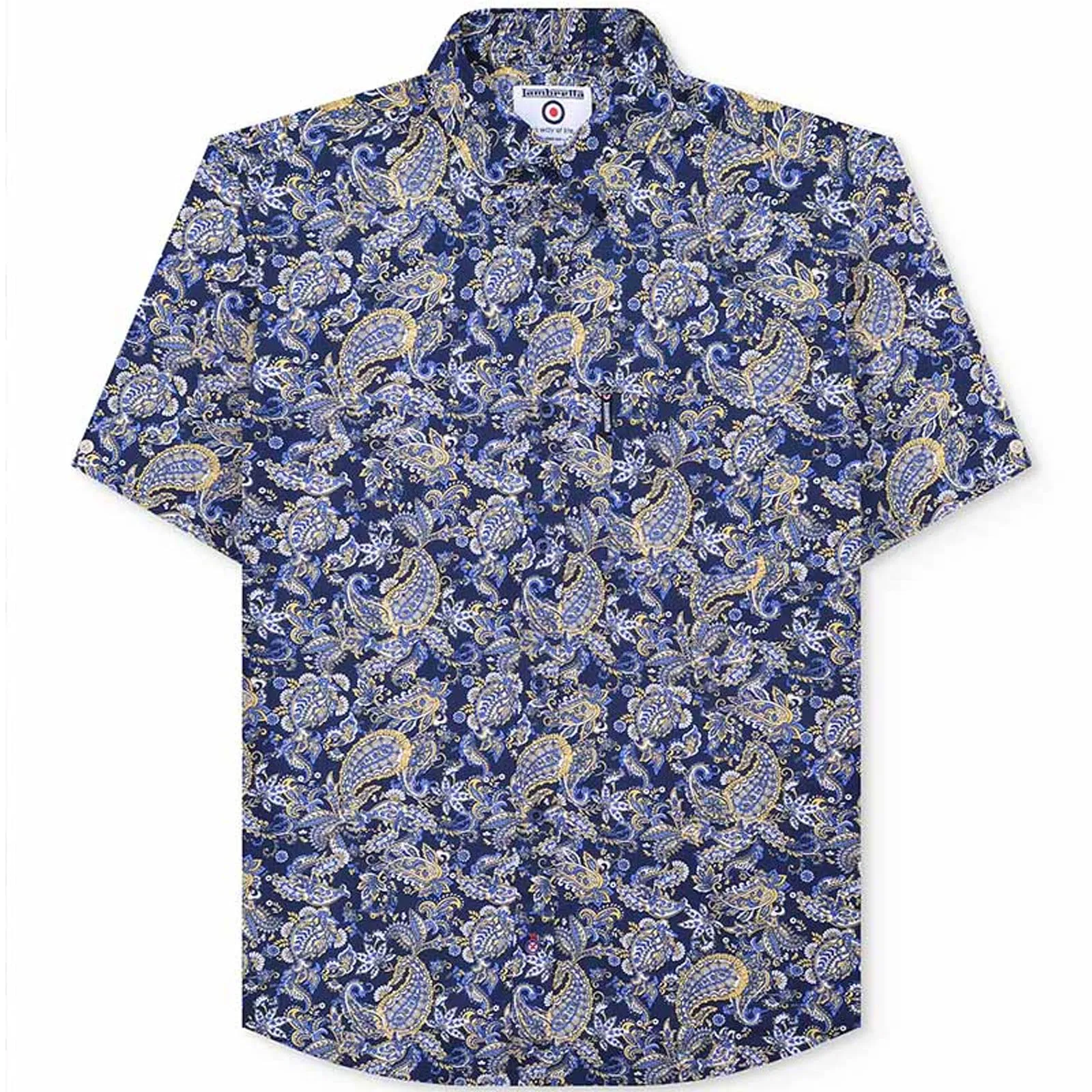 Lambretta Mens Mod Paisley Short Sleeve Button Down Shirt - Navy