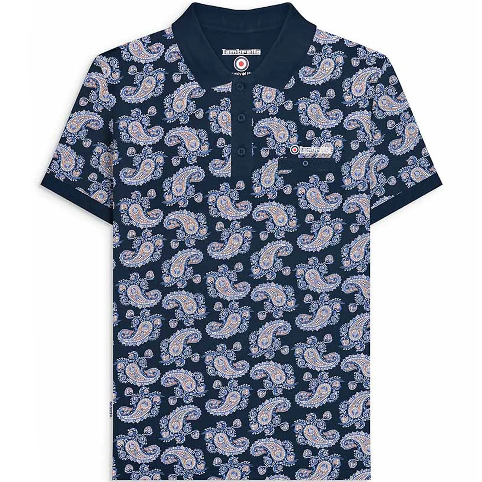 Lambretta Mens Paisley All Over Pattern Short Sleeve Polo Shirt - Navy