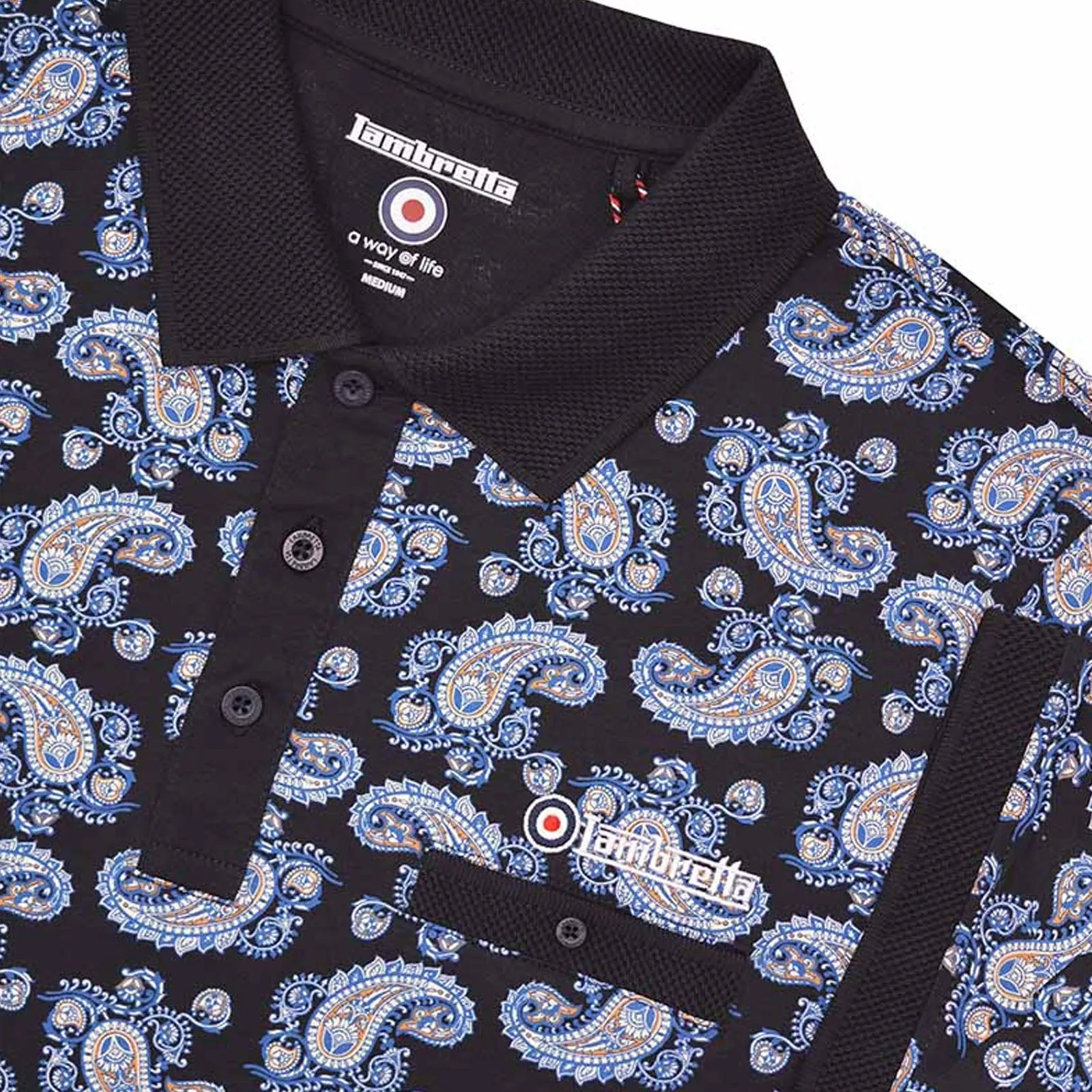 Lambretta Mens Paisley All Over Pattern Short Sleeve Polo Shirt - Navy