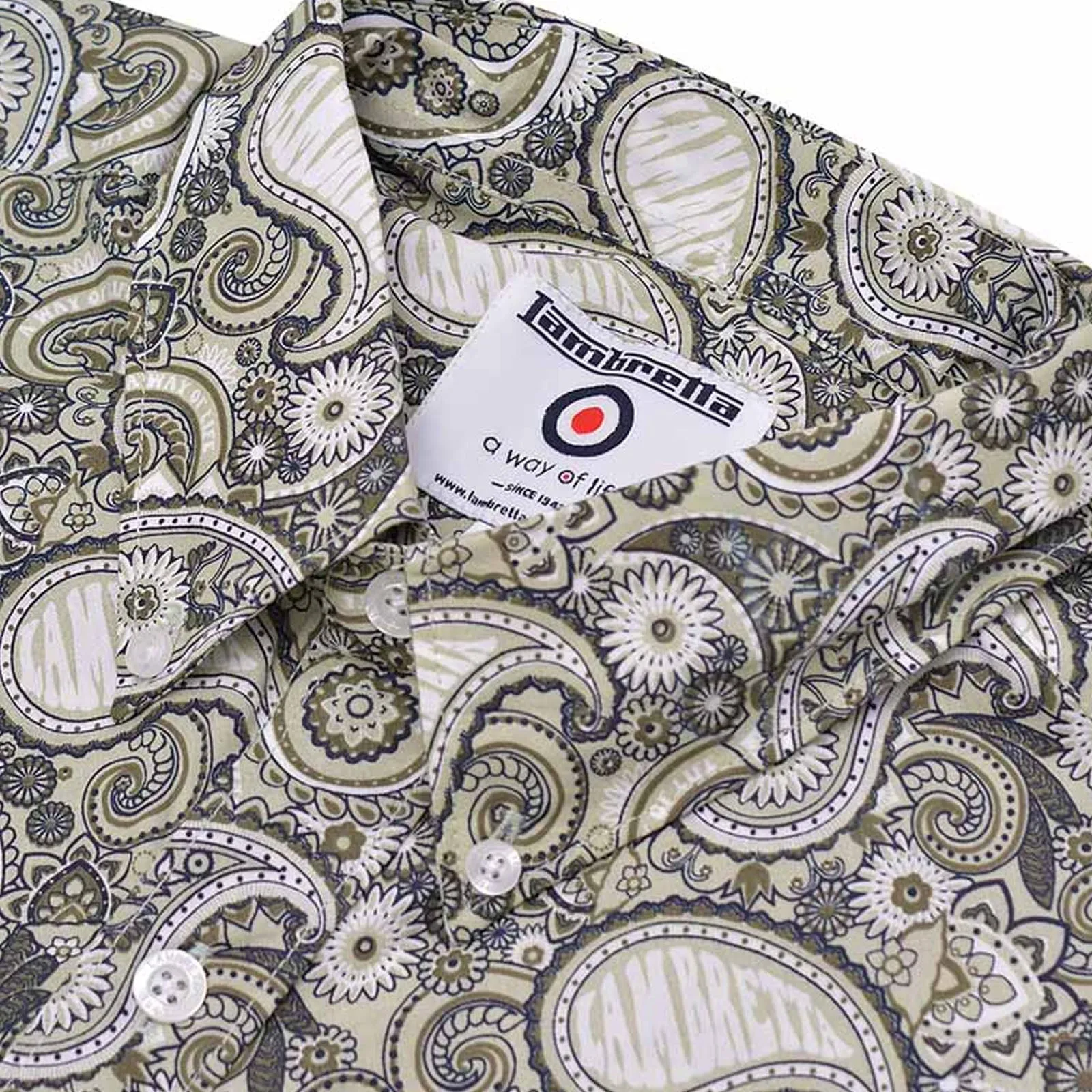 Lambretta Mens Paisley Brand Short Sleeve Button Down Collar Shirt - Desert Sage