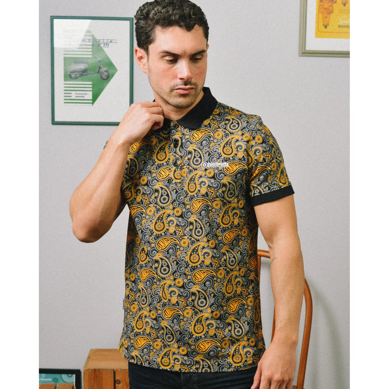 Lambretta Mens Paisley Brand Three Button Retro Polo Shirt Top