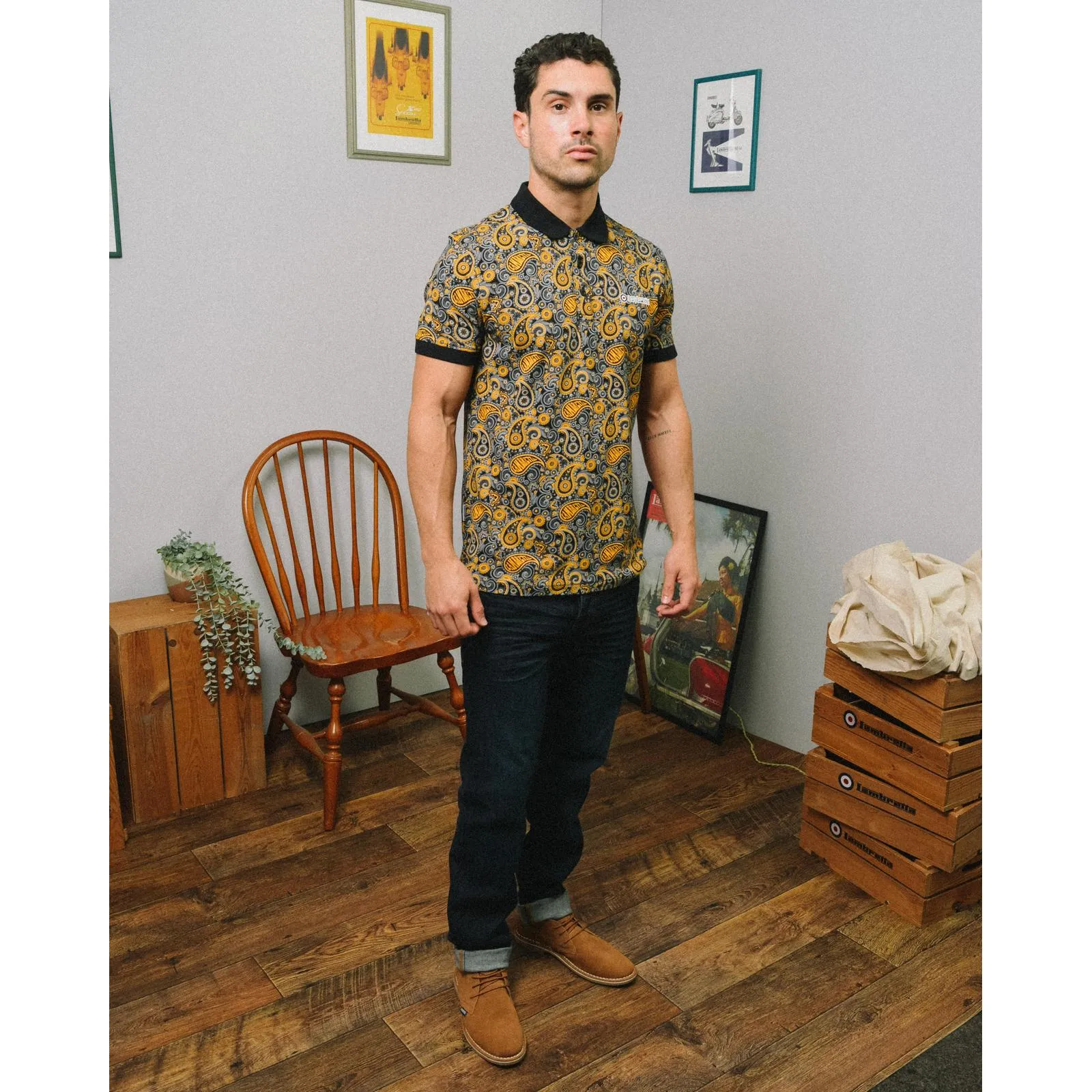 Lambretta Mens Paisley Brand Three Button Retro Polo Shirt Top