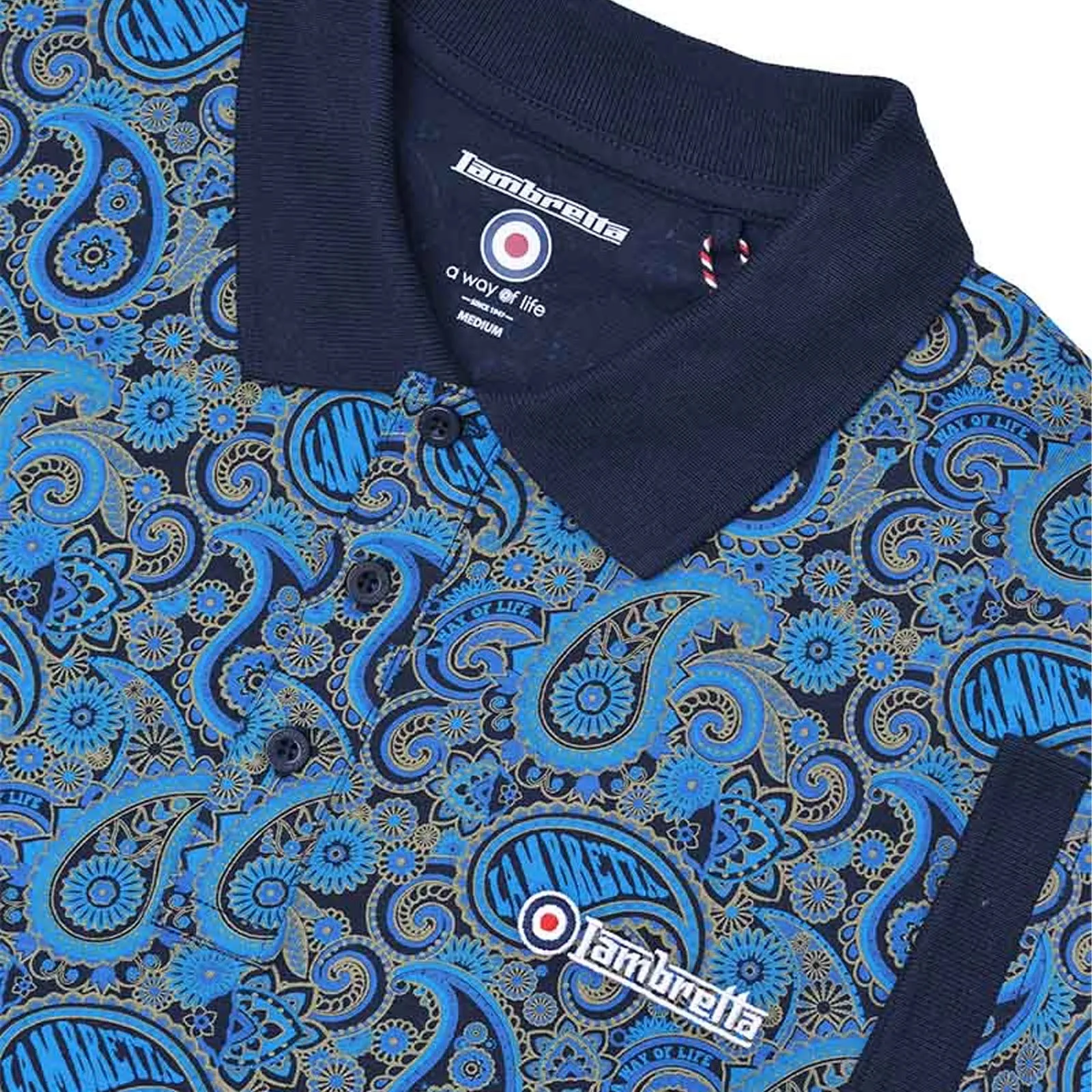Lambretta Mens Paisley Brand Three Button Retro Polo Shirt Top