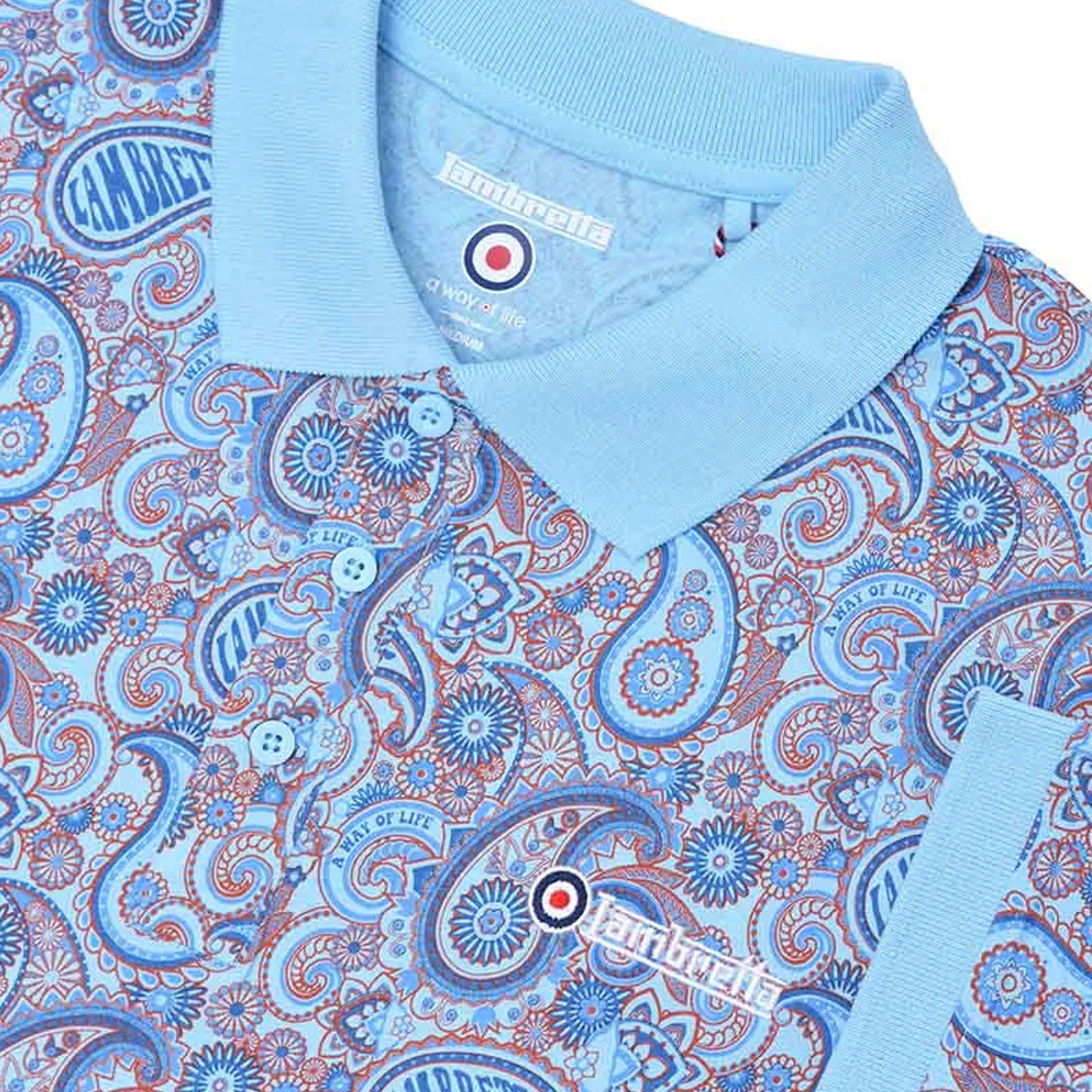 Lambretta Mens Paisley Brand Three Button Retro Polo Shirt Top
