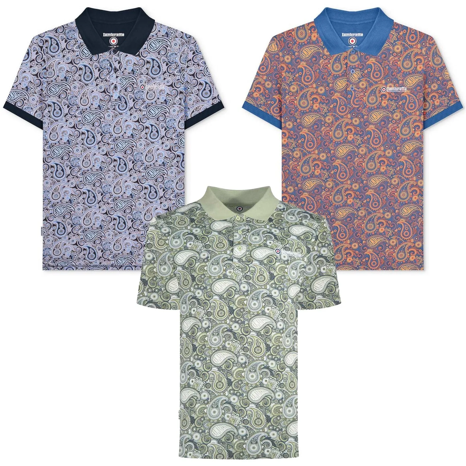 Lambretta Mens Paisley Brand Three Button Retro Polo Shirt Top