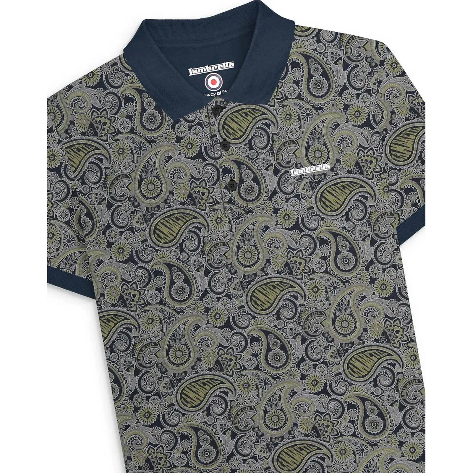 Lambretta Mens Paisley Brand Three Button Retro Polo Shirt Top