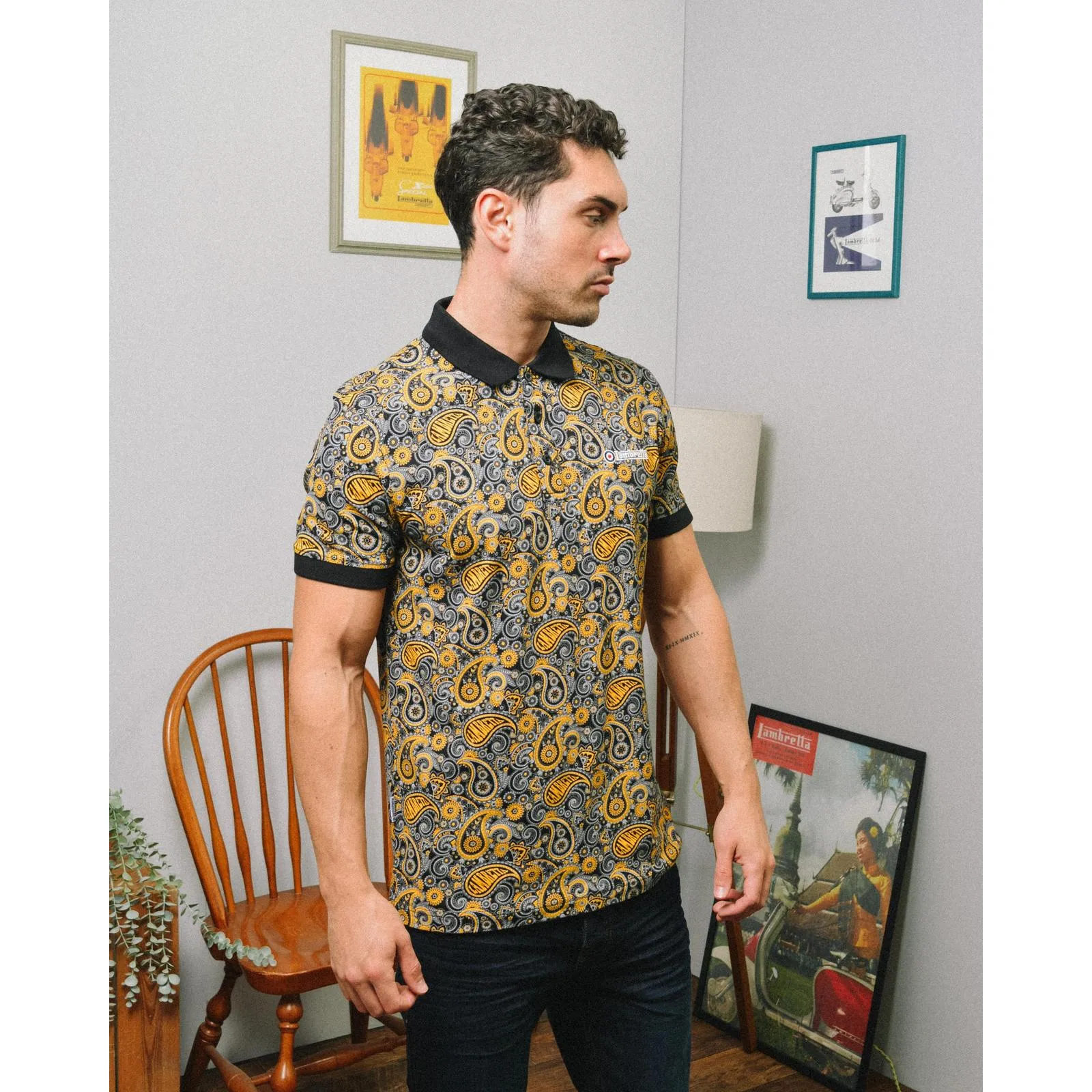 Lambretta Mens Paisley Brand Three Button Retro Polo Shirt Top