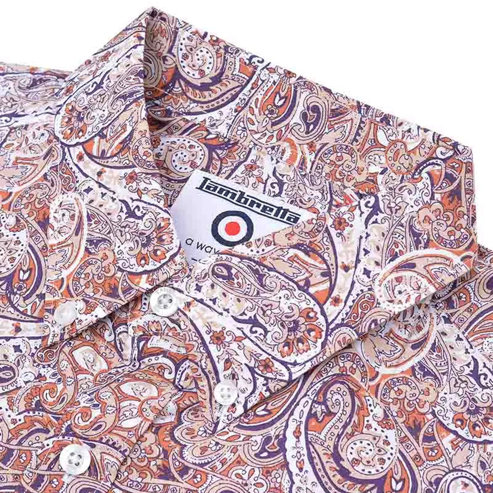 Lambretta Mens Paisley Mod Short Sleeve Button Down Shirt - Rust/White