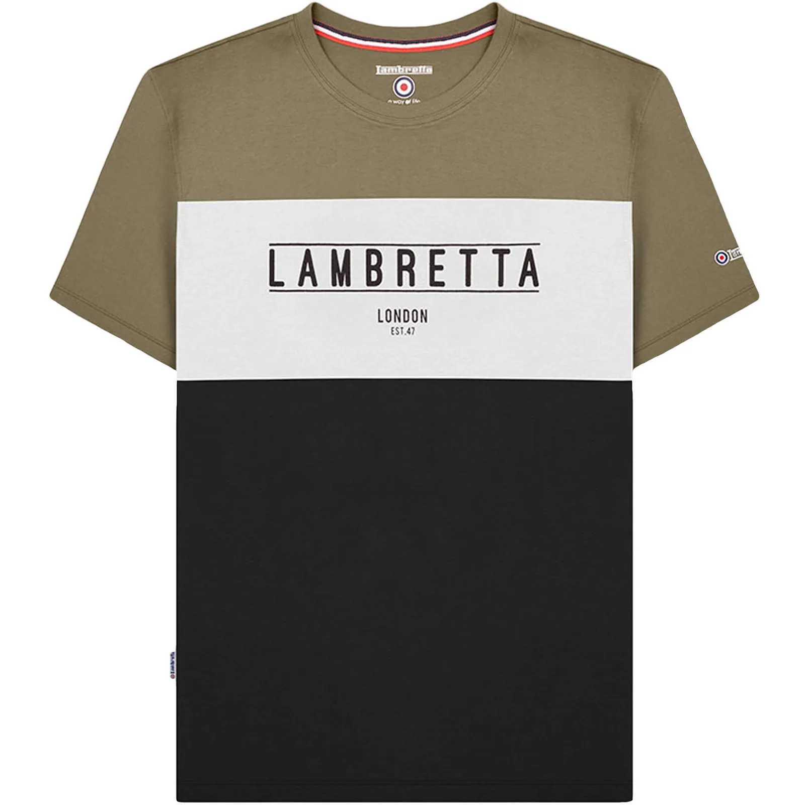 Lambretta Mens Panel Crew Neck T-Shirt  - Khaki/Black