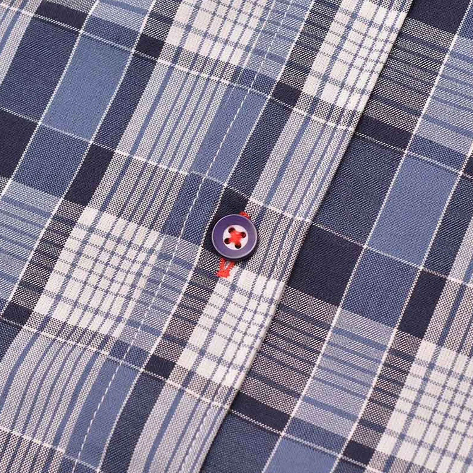 Lambretta Mens Short Sleeve Cotton Check Button Down Collar Shirt - Navy/White