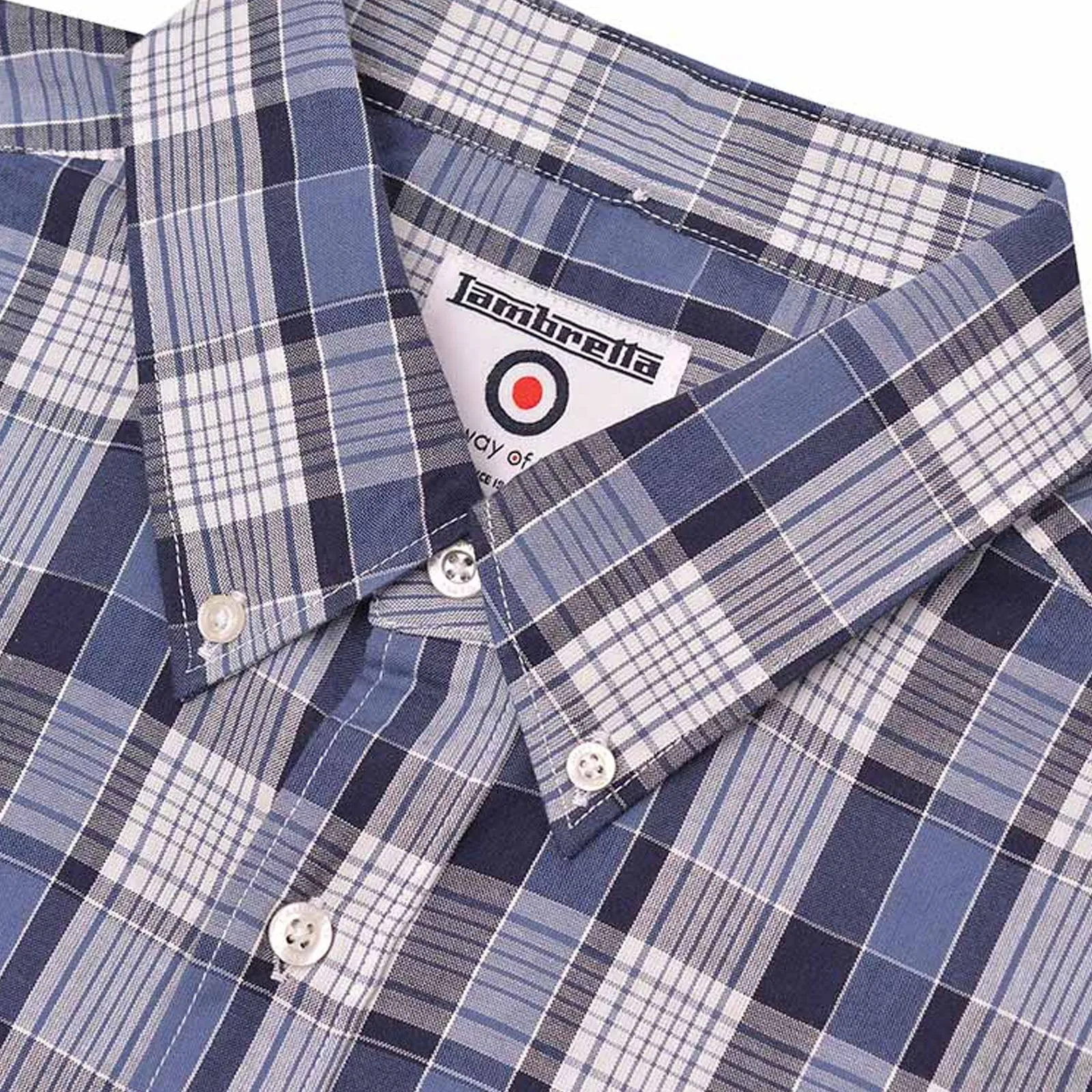 Lambretta Mens Short Sleeve Cotton Check Button Down Collar Shirt - Navy/White