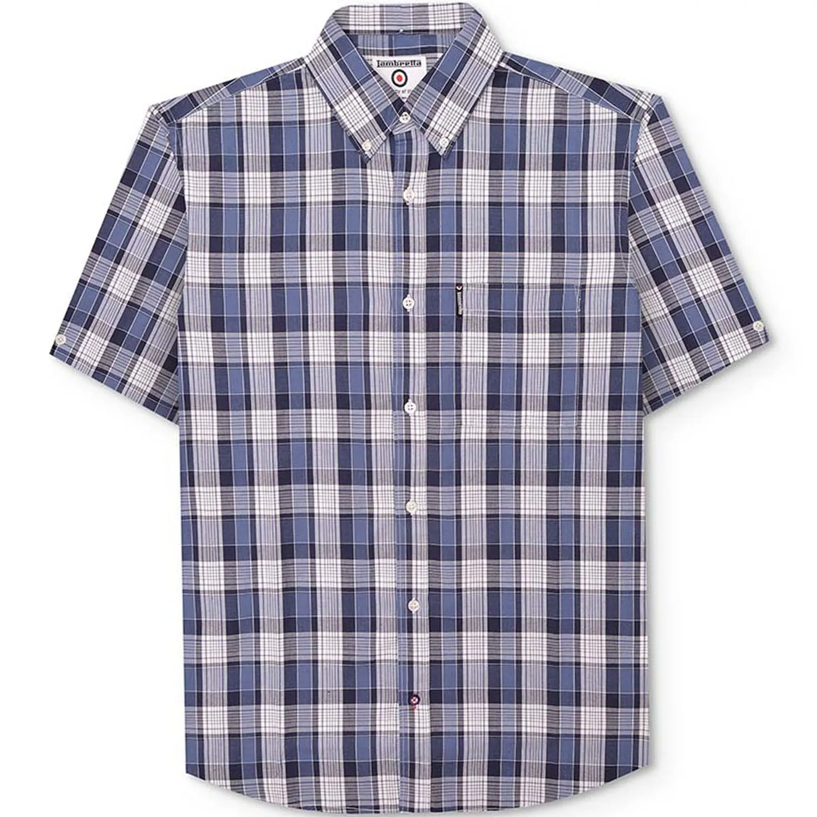 Lambretta Mens Short Sleeve Cotton Check Button Down Collar Shirt - Navy/White