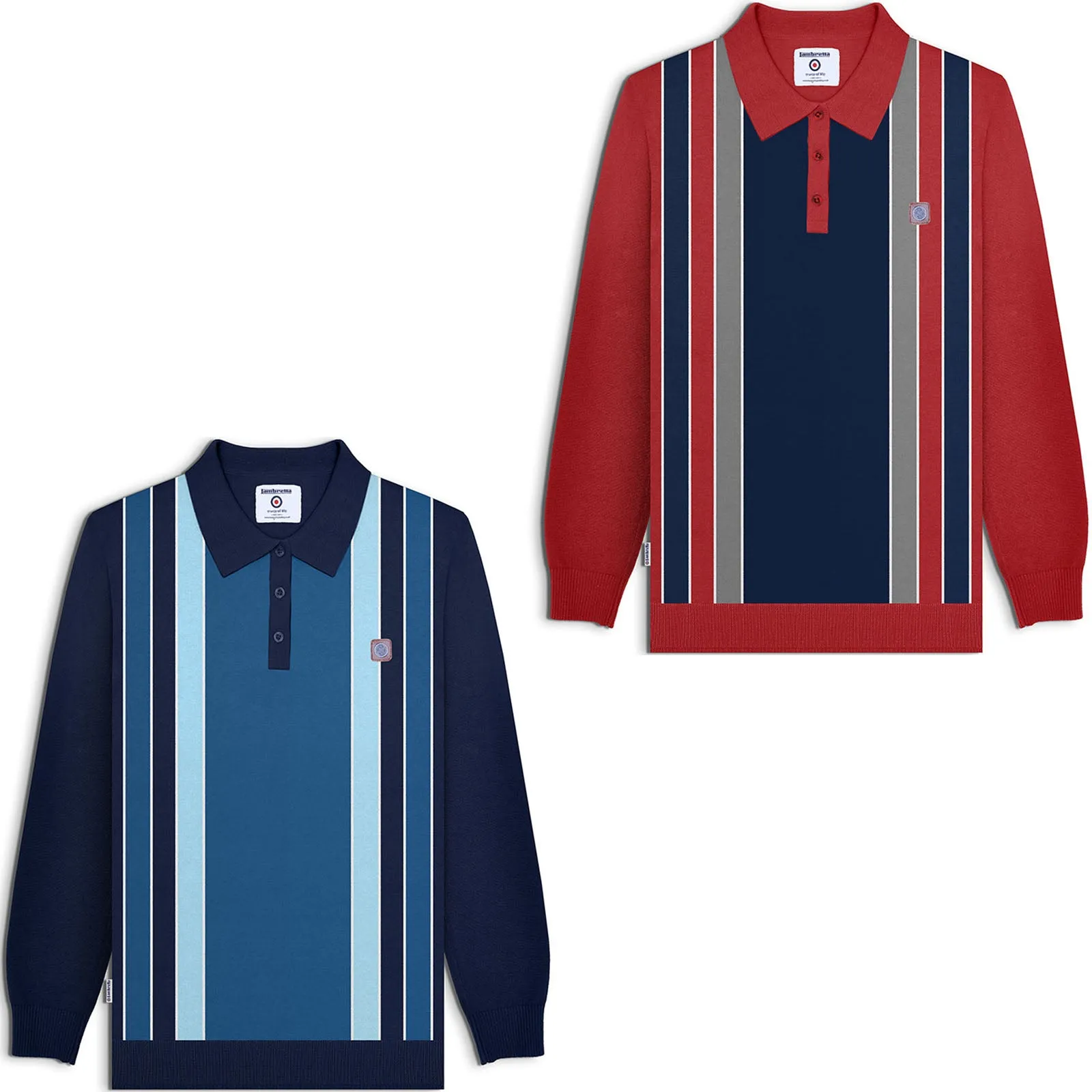 Lambretta Mens Stripe Knitted Long Sleeve Polo Shirt