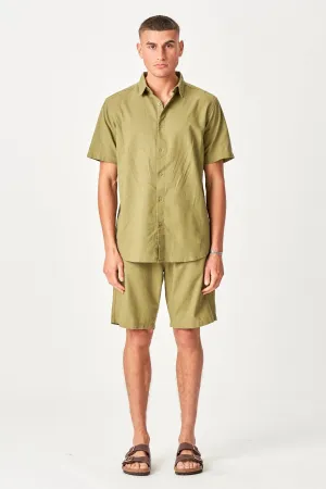 Linen Set Short-Sleeved Shirt   Linen Shorts – Green (Package Deal)