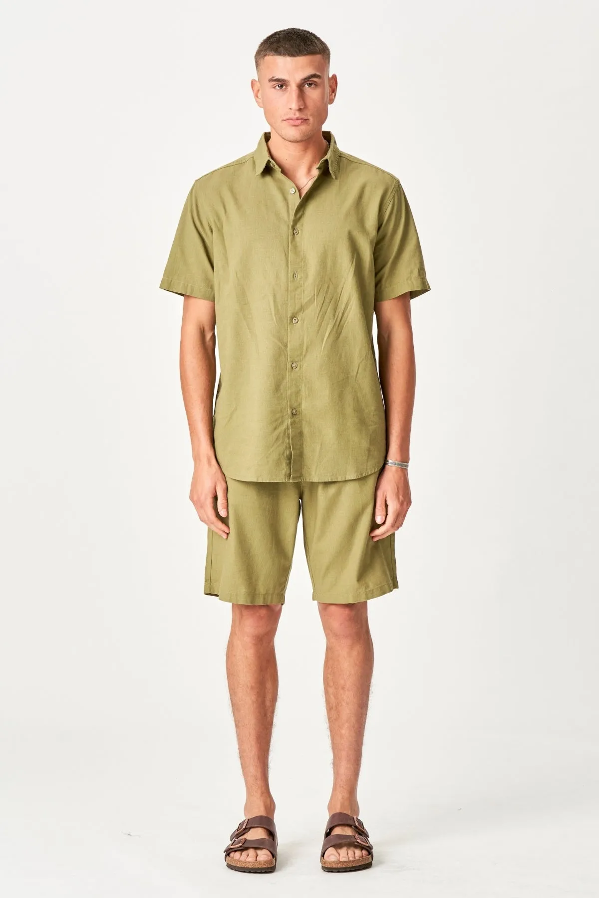 Linen Set Short-Sleeved Shirt   Linen Shorts – Green (Package Deal)