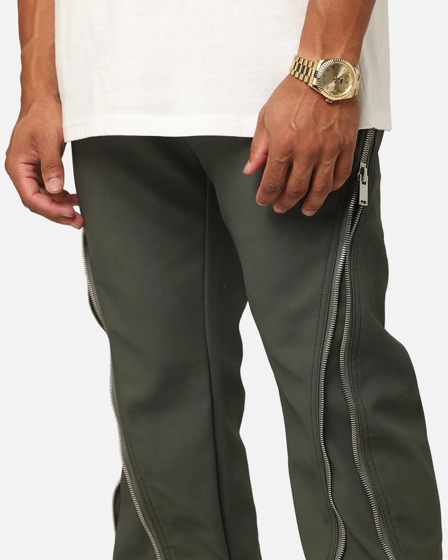 MNML D519 Leather Zipper Flare Pants Charcoal Grey