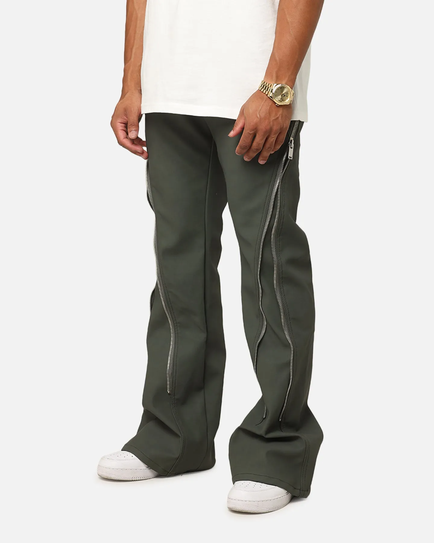 MNML D519 Leather Zipper Flare Pants Charcoal Grey