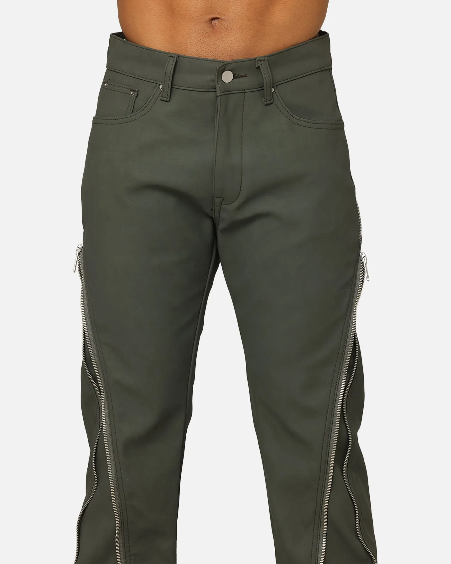 MNML D519 Leather Zipper Flare Pants Charcoal Grey