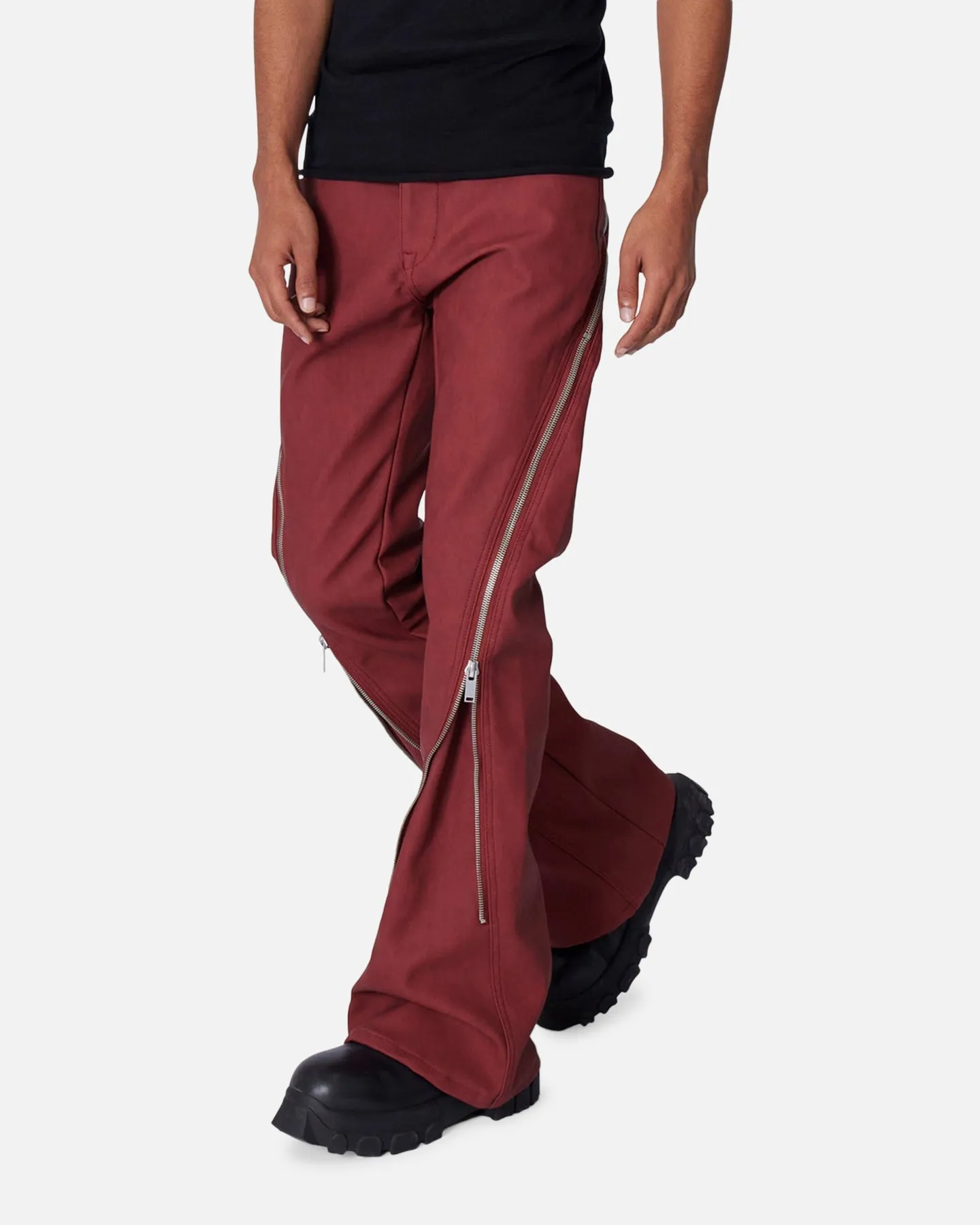 MNML D519 Leather Zipper Flare Pants Red