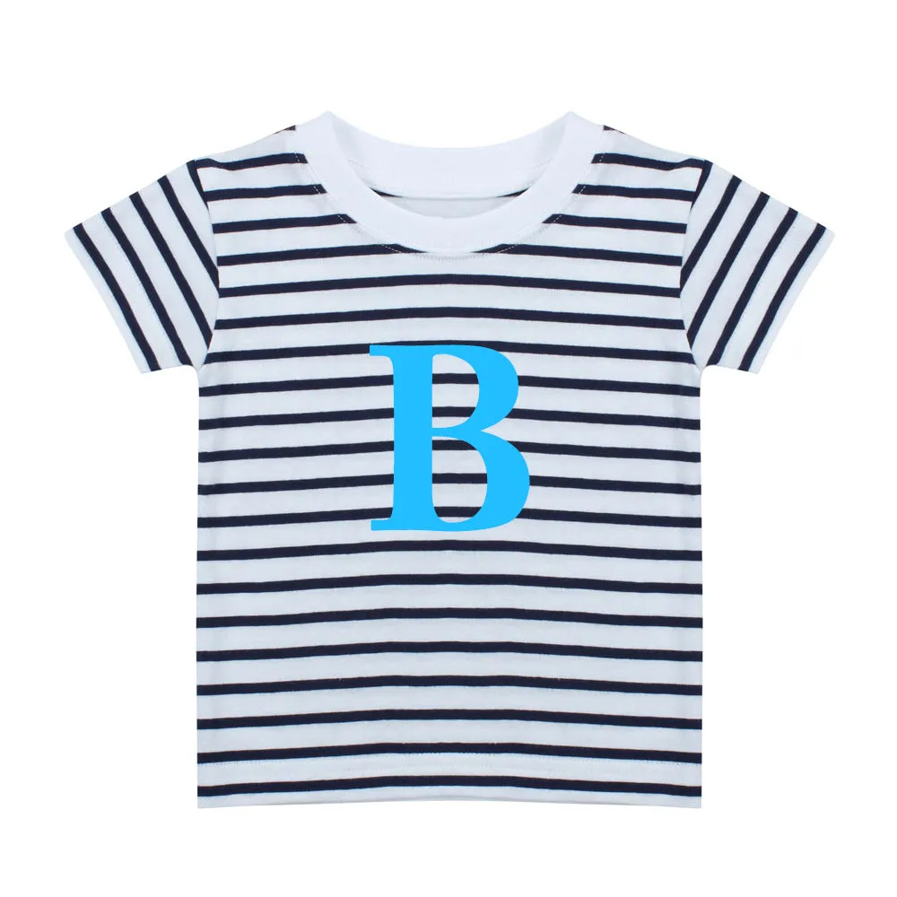 MyStyle Personalised Blue Initial Striped Kids T-Shirt