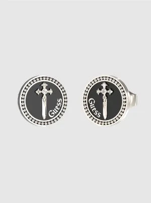 Silver Black Round Earrings Guess