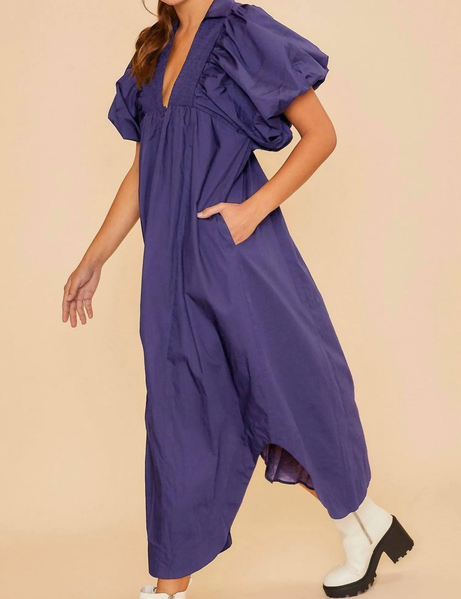 Smock Detail V Neck Puff Sleeve Midi Dress In Periwinkle