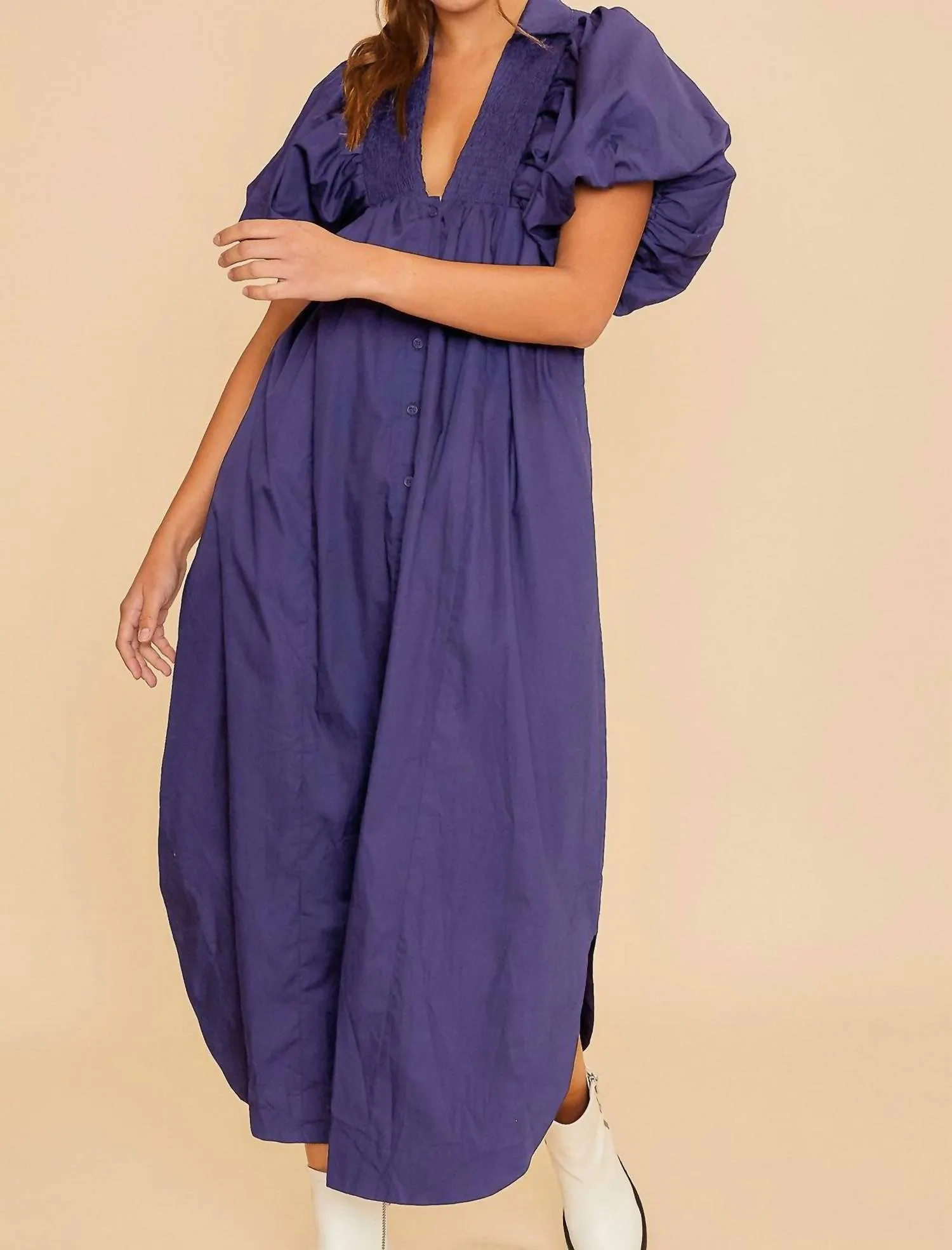 Smock Detail V Neck Puff Sleeve Midi Dress In Periwinkle