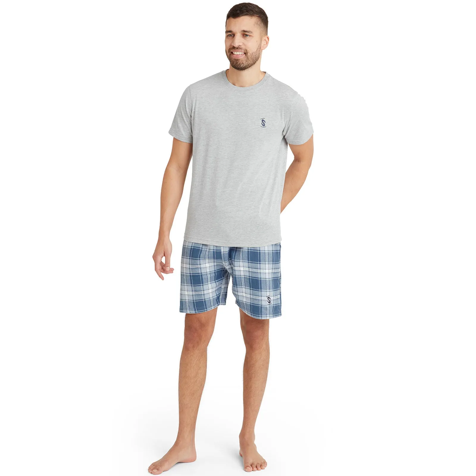 Snuggaroo Mens Short Sleeve T-Shirt Check Shorts Pyjama Set