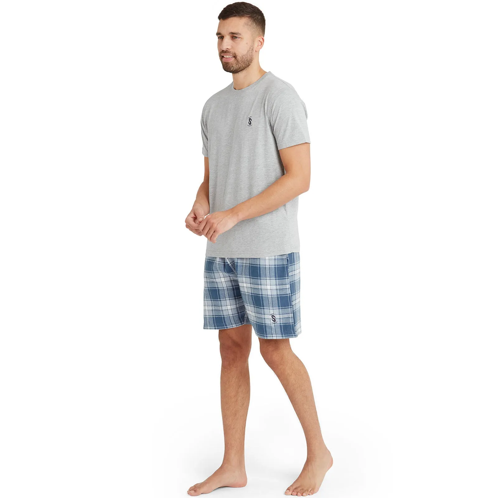 Snuggaroo Mens Short Sleeve T-Shirt Check Shorts Pyjama Set